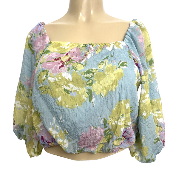 Calypso St Barth Cropped Top Blouse Square Neck Balloon 3/4 Sleeve Floral S - Picture 1 of 7
